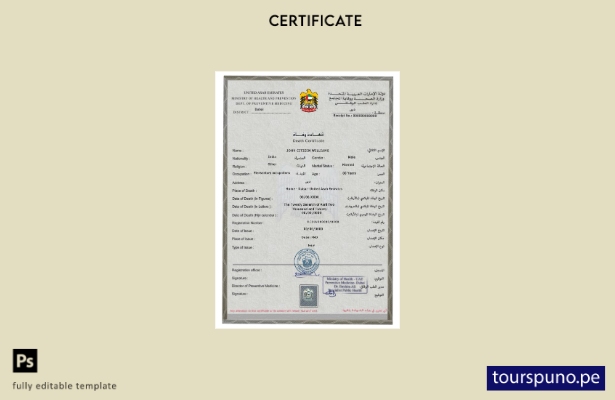 listo para imprimir plantilla de plantilla PSD de certificado de defunción de lo